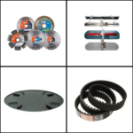 4 panels of parts and accessories such as diamond blades and belts.
